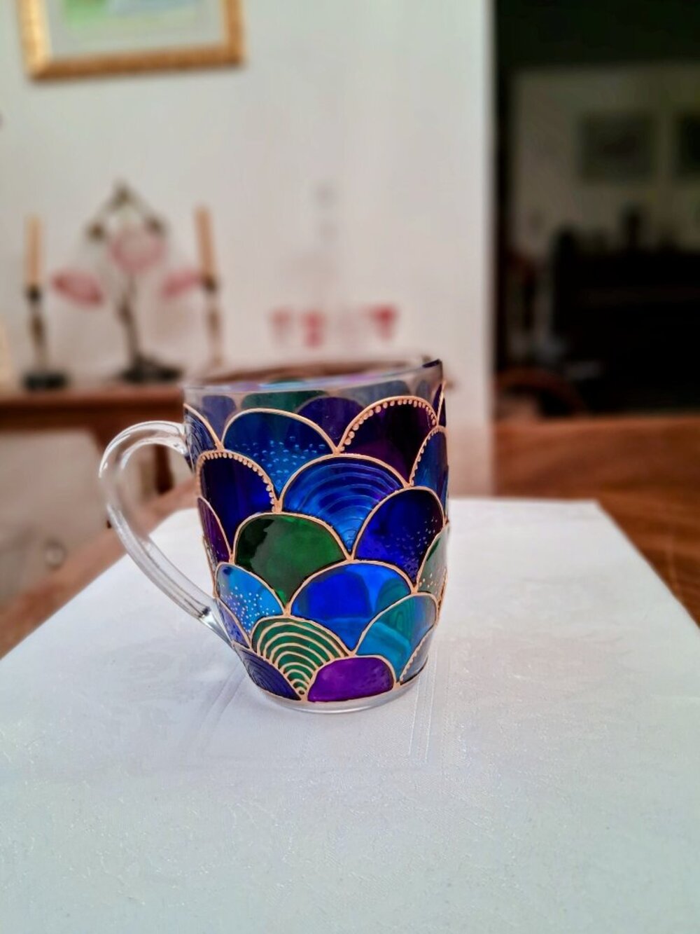 NWOT Hand Painted Mermaid Tail Glass Coffee Mug: Gold Blue Green Purple Scales